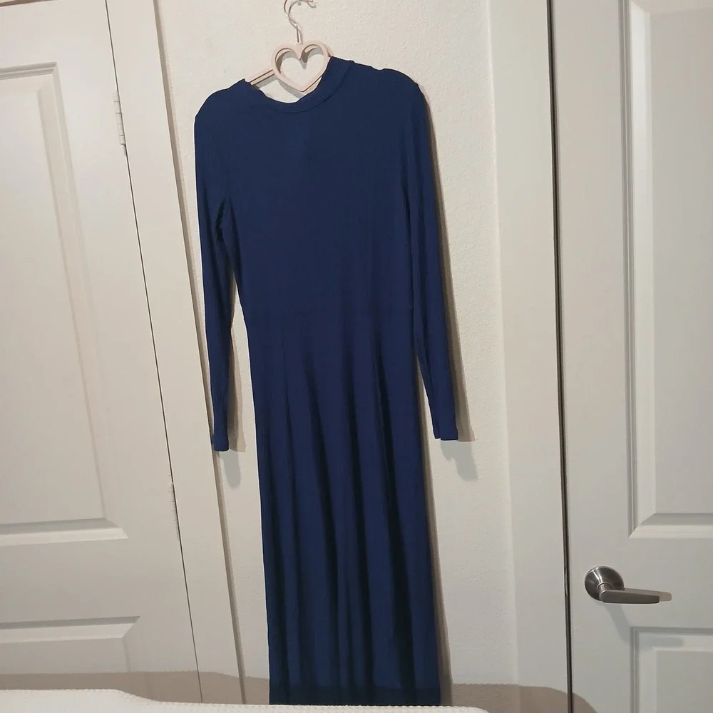 ASOS Navy Blue Ribbed Open Back Tie Maxi Dress Mock Neck Long Sleeve US 6